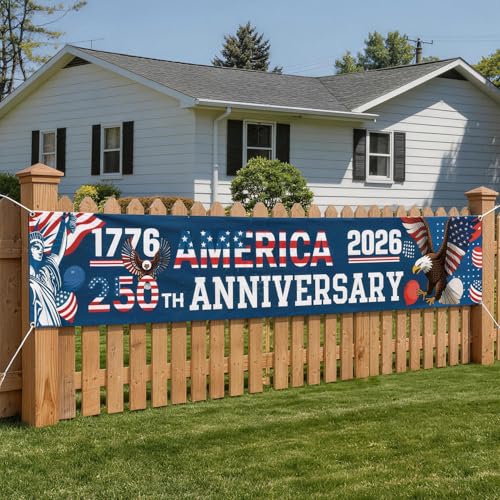 250th Anniversary Banner 120 x 20 America 1776-2026 US 250 Years Birthday Freedom American Map Patriotic Eagle Patriotic Party Supplies Home Decorations for Outdoor Garden Porch Yard Indoor Lawn