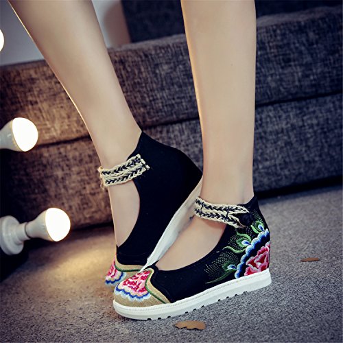 Qhome Women's Floral Peony Embroidery Ethnic Style Strappy Comfortable Casual Walking Canvas Flat Shoes3