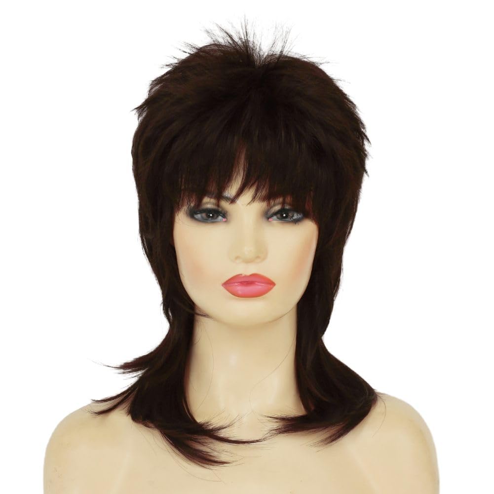 Amnenl Brown Mullet Wig for Women Short Shaggy Layered 70s 80s Rocker Curly Hair Wig for Cosplay Halloween Party Daily Use