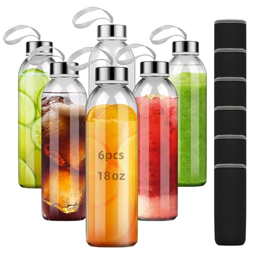 REUJIHXY 2Pcs 16 Ounce Glass Water Bottles, Reusable Water Bottles