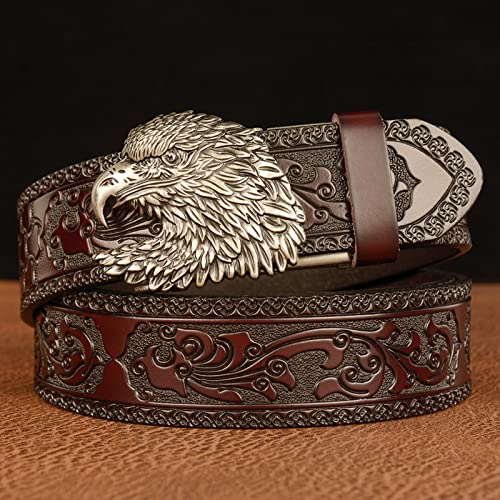 Mens Leather Ratchet Belts Western Floral Engraved Embossed Strap with Holeless Automatic Buckle Carved 3D Eagle Head(110cm/waist:36"~38", Brown)2