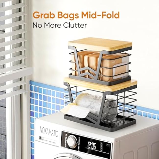 2 Pack Trash Bag Holder, Wall Mount Trash Bag Holder with Bamboo Top, Garbage Bag Dispenser Roll Holder, Pantry Organizers Wall Mounted Laundry Room Organization Storage, Black Small& Large