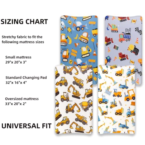 4 Pack Baby Boy Changing Pad Covers Sheets Set Soft Fitted Baby Boy Mattress Covers Construction Truck or Dinosaur Theme Breathable Toddler Sheets for Infant (Construction Truck, Changing Pad Covers)