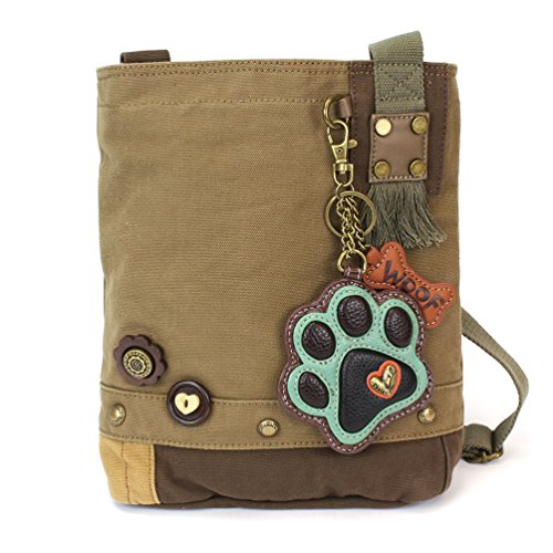 CHALA Patch Cross-Body Women Handbag, Canvas Messenger Bag - Teal Paw Print Olive