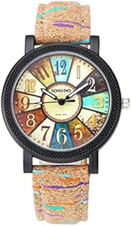JSDDE Uhren,Retro Stil Tarnung Farbig Streifen Armbanduhr Vintage Damenuhr Holz Kork Muster PU Lederband Analog Quarzuhr
