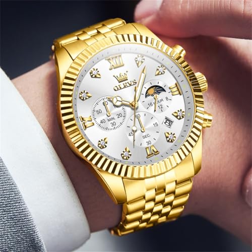 Image of OLEVS Watch for Men Analog Quartz Stainless Steel Moon Phase Calendar Chronograph Diamond Watches Waterproof Wrist Watch Luminous