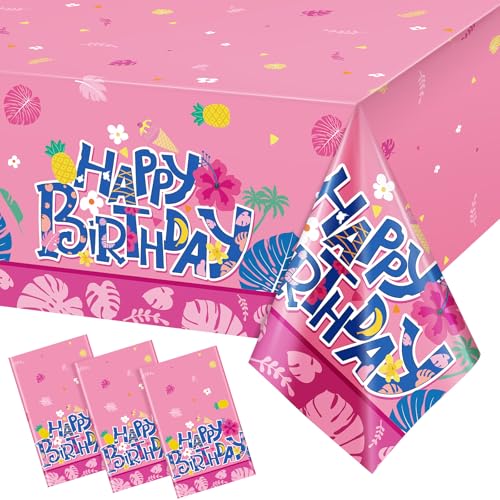 Image of Oudain 3 Pcs Cartoon Birthday Party Disposable Tablecloth Decoration Hawaiian Hibiscus Tropical Leaves Pattern Table Cloths 108'' x 54'' Luau Plastic Waterproof Rectangular Covers for Party (Pink)