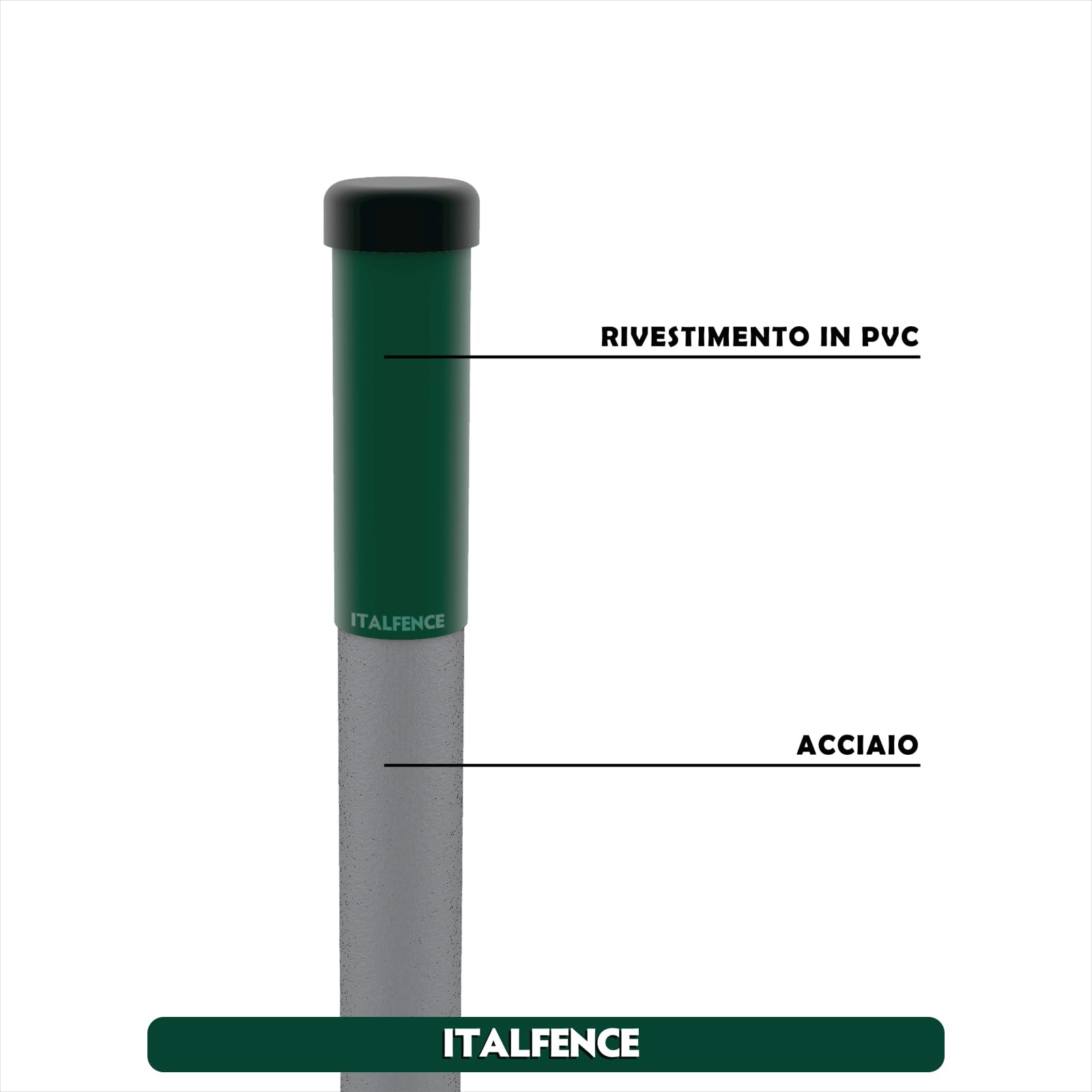 Palo tondo tubolare in ferro plastificato verde, 10 pezzi [H150cm, Ø34mm]