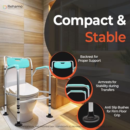 Image of Rehamo Commode Frame, for Elderly & Pregnant Women| Foldable Portable Commode Surround with Adjustable Height, and Width | Easy Mobility | Anti Slip Support | Universal Size | 1 year Warranty