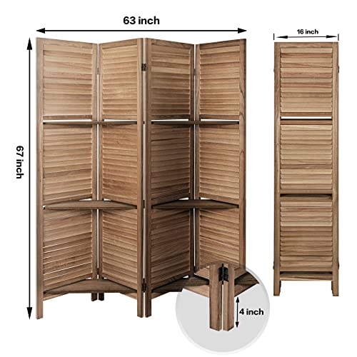 ECOMEX-4-Panel-Wood-Room-Divider-Screen-Freestanding-Folding-Privacy-Screen-with-Shelves-Brown ECOMEX 4 Panel Wood Room Divider Screen Freestanding Folding Privacy Screen with Shelves Brown
