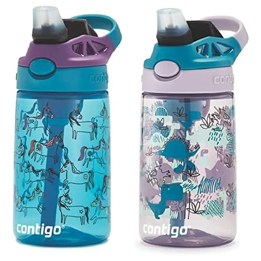 Contigo Kids Water Bottle with Autospout Straw – Spill Proof, Easy-Clean Lid Design, 14 oz, Unicorns & Dinos, 2 - pack