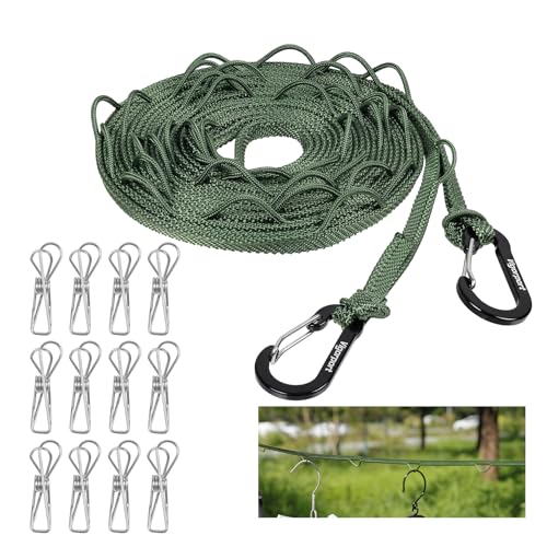 Vigorport Portable Travel Clothesline, Windproof Clothes Line with Hang Hole, Indoor and Outdoor Laundry Line with Clothespins for Hotel, Camping, RV, Cruise Ship (Green, 13.8Ft)