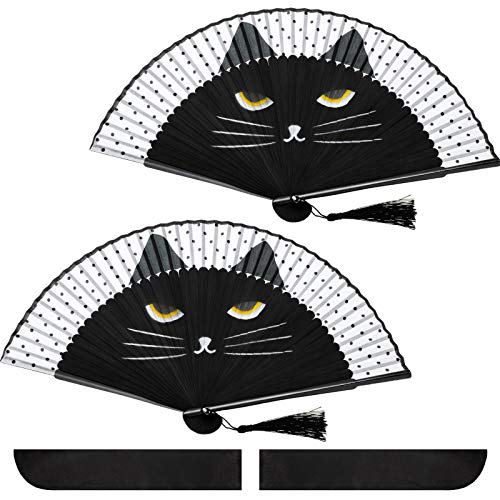 Cartoon Cat Hand Fans, Foldable, Black Silk, with Bag