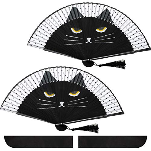 Hand Held Folding Fan Cat Folding Fan Cartoon Cute Cat Silk Fan Women Party Cat Fan with Store Bag for Wedding Dancing Church Gifts Home Decoration (4)