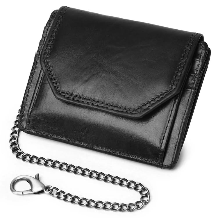 Men's Trifold Chain Wallet - Sleek and Slim Includes ID Window and Credit Card Holder, Black Chain Included (STYLE 1, BLACK)