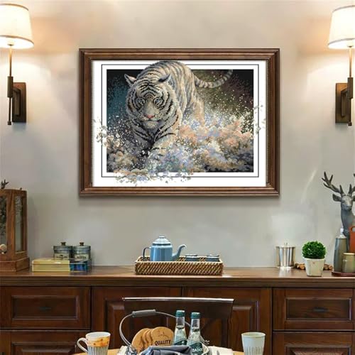 Image of JOYSEWING Running Tiger Cross Stitch Kits Fierce Beasts Classic Series Stamped Embroidery Starter Sets for Beginners Printed Pattern DIY Home Decoration 11CT -(Tiger (Printed) 22.05 x17.72 inches)