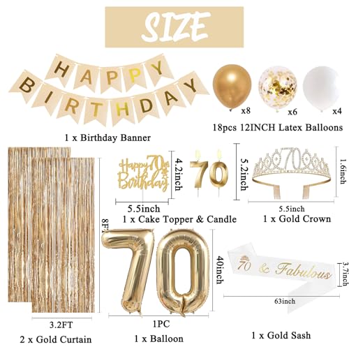 Image of Trgowaul 70th Birthday Decorations for Women, Banner, Sash and Crown, Cake Topper, 70 Number Balloon, Fringe Curtains, Champagne Gold 70th Birthday Party Supplies
