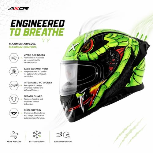 Image of Axor Apex Venomous ISI ECE DOT Certified Full Face Dual Visor Helmet for Men and Women with Pinlock Fitted Outer Clear Visor and Inner Smoke Sun Visor Black Neon Green(XL)