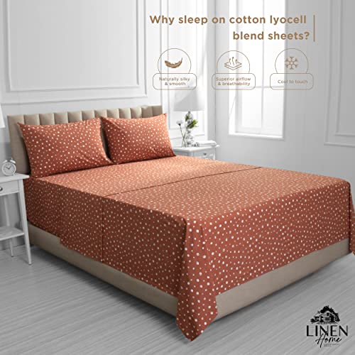 Image of Linen Home Cotton Lyocell Blend Percale Sheet Set Queen Size - 4 Piece Deep Pocket Bedding, Pre-Washed & Shrunk, Crisp Cooling Fabric, Fade-Resistant, Hotel Luxury, Wrinkle-Free - Polka Cedar Wood