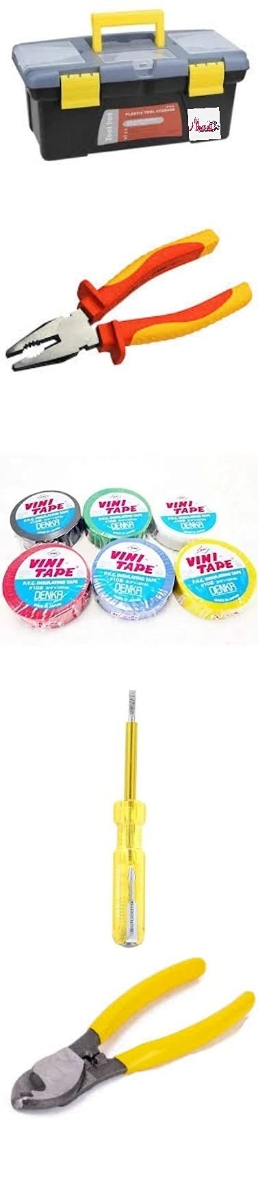 ABBASALI ELECTRICAL SOLUTION KIT INCLUDES SMALL PVC TOOL BOX,ELECTRIC TESTER,6" CABLE CUTTER,6 PCS INSULATION TAPE & COMBINATION PLIER ..75% OFF