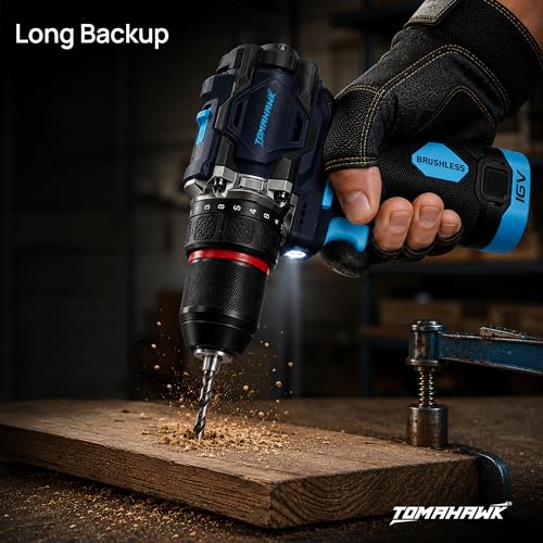 Image of Tomahawk BSD-999 16V Brushless Cordless Drill Machine & Screwdriver Kit for Home | 10mm Keyless Chuck | 2-Speed 450 /1800 RPM | 50 Nm, 20+1 Clutch | 2 x 2.0Ah Batteries + Charger
