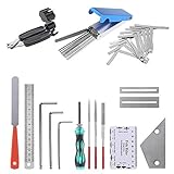 √ [24-teiliges komplettes Gitarren-Werkzeug-Set]: Sie erhalten ein komplettes Gitarren-Reparatur-Set, einschließlich 3 Feilen, 3 Sechskantschlüssel, 1 Schraubendreher, 1 Stahllineal, 1 Saiten-Aktion-Lineal, 1 3-in-1-Gitarrensaitenkurbelschneider, 1 Nussbrücken-Sattel-Rillen, 2 Griffbrettschoner, 1 Gitarrenbündefeile, 1 Gitarren-Bundkronenfeile, 1 Gitarren-Bund-Wippe. 9 Edelstahlunterseite. Saitenradius-Messgeräte (verschiedene Größen), 1 Aufbewahrungstasche