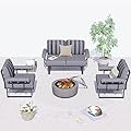 HOOOWOOO Aluminum Patio Furniture Set with Wood Burning Fire Pit,4 Piece Outdoor Modern Conversation Sofa,Outside Couch Seating Set with Cushioned Armrest,Grey Stripe(24" Table)