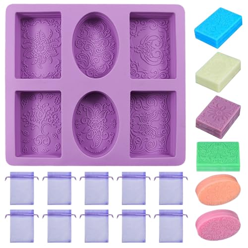 MININUSI Moldes para Jabones Artesanales 6 Cavidades Moldes de Silicona Jabones Moldes Caseros para Jabones Artesanales Moldes Silicona para Jabones Estampado de Flores, Rectángulo y Óvalo + 10 Bolsas