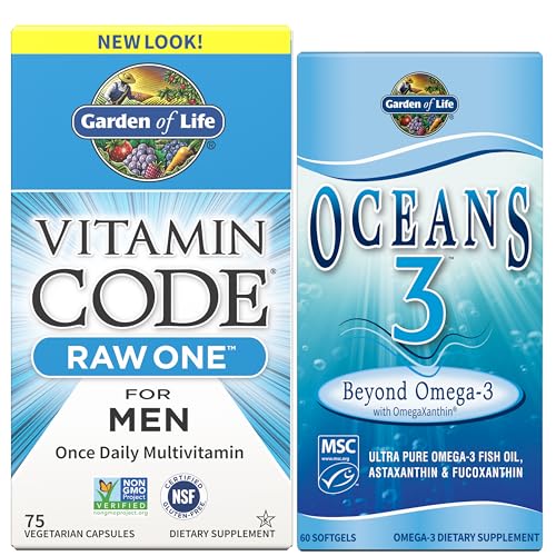 Image of Garden of Life Men's Multivitamin & Omega 3 Bundle - Vitamin Code Raw One Multivitamin for Men (75 Count) + Oceans 3 Ultra Pure EPA /DHA Fish Oil with Antioxidants (60 Softgels)