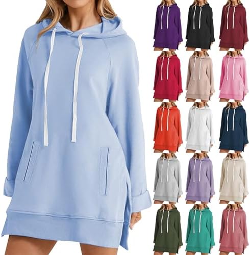 Cute Sweatshirt Dress Women Warmy Oversized Hoodie Dress Fleece Pullover Split Hem Hooded Sweatshirt with Pockets