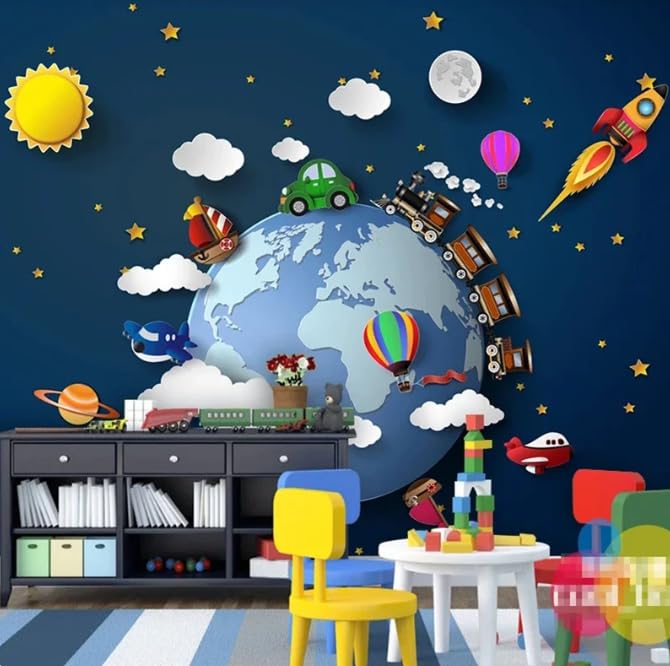 Papier peint dessin animé galaxie et voitures pour décorer la chambre d'un garçon de 150x105cm