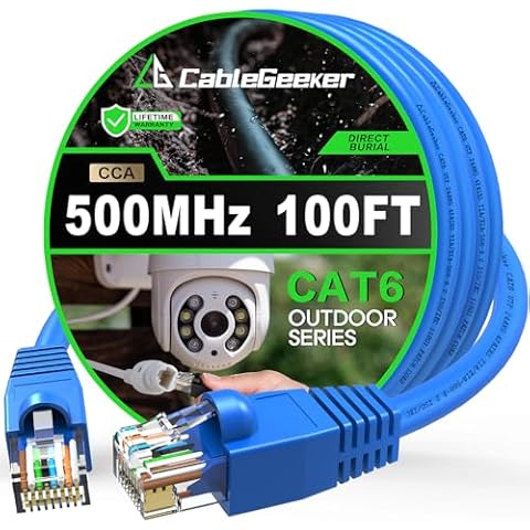CableGeeker Cat6 Outdoor Ethernet Cable 100 ft CCA Copper Clad, Heavy Duty Internet Network Cable, Direct Burial, Waterproof, In-Ground, POE, UV Jacket, 24AWG Cat 6 RJ45 Patch Cable - 100ft, Blue Cover