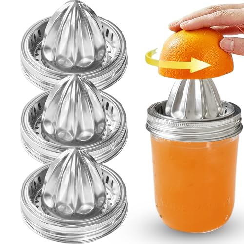 Bigwinyep Mason Jar Juicer Lid, 304 Stainless Steel Manual Citrus Juicer Squeezer Hand for 86mm Wide Mouth Mason Jar, Portable, 3Pcs