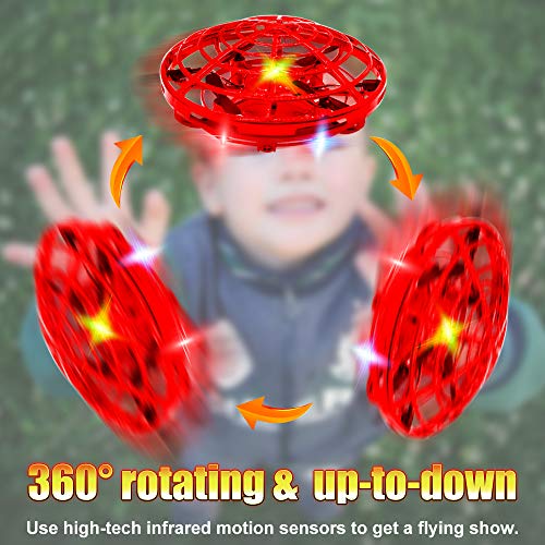 Hand Drones, Hand Operated Drones, econoLED Boy Toys Kids Hand Controlled Flying Ball Drone,Hands Free Mini Flying Ball Helicopter with 2 Speed & 5 LED Lights for Boys, Girls, Kids Gift (Light Red) - Thumbnail 2