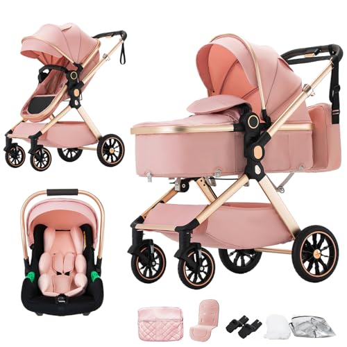 BEBBY BEBBY Cochecito de bebé 3 en 1,Carricoche Combinado Paisaje Alto Marco de Aluminio Para Recién Nacido0-22KG,Portátil Carrito Bebe 3 en 1 Con Asiento De (U9-X-PINK, U9-X)