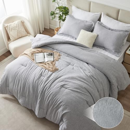 CozyLux King Size Comforter Set 3 Pieces Heathered Light Grey Luxury King Bedding Sets Gray Breathable Lightweight Down Alternative Comforter with 2 Pillow Shams All Season Bed Set Gift for Home