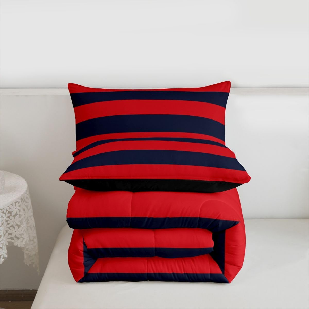 Kids Comforter Set Twin Size Navy Blue Red Stripes Bedding Sets Aesthetic Patchwork Striped Down Comforter For Girls Room Decor Ombre Rich Down Alternative With 1 Comforter and 1 Pillow Case