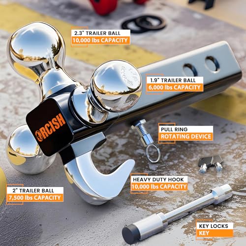 Image of ORCISH 360 Swivel Trailer Hitch, Tri-Ball Mount with Heavy Duty Hook & Anti-Theft Lock, Chrome-Plated Trailer Ball Size 1-7 /8 inch, 2 inch and 2-5 /16 inch, Fit 2 Inch Hitch Receiver, Rotating Tow Hitch