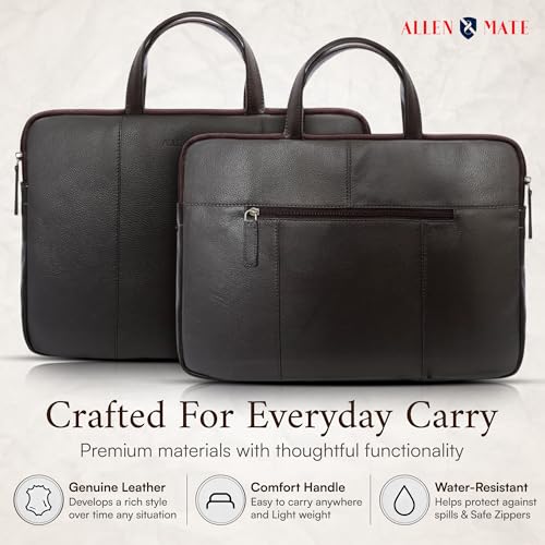 Image of ALLEN & MATE 100% Leather Laptop Case 13 Inch Laptop Sleeve fits MacBook Neo /Air /Pro 13 Inch with M5 /M4 /M3 /M2 /M1, Dell, HP, Lenovo, Chromebook 11-13 inch Computer Bag Zip Pocket - Brown