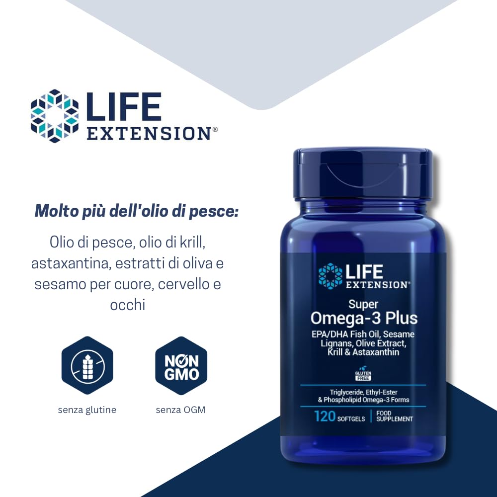 Life Extension - Super Omega-3 Plus EPA/DHA 120 Capsule - Lignani di Sesamo, Estratto di Oliva, Krill e Astaxantina - Omega-3 ad Alto Dosaggio per la Salute di Cuore e Cervello