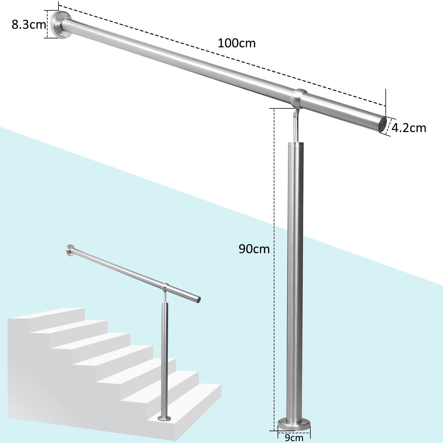 Jopassy Corrimano in acciaio inox 100 cm, ringhiera angolare regolabile in acciaio inox, ringhiera universale per interni ed esterni