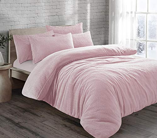 Teddy Bear Fleece Thermal Warm Cosy Soft Fur Duvet Cover Set With Pillow Cases (Pink, Double)