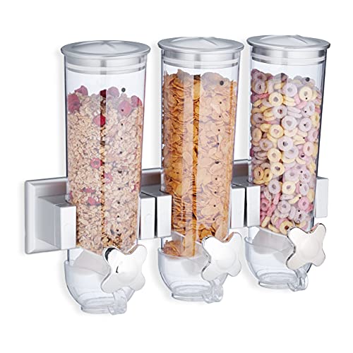 relaxdays Dispensador de Cereales y Caramelos de Pared, Triple, Poliestireno, 32 x 40 x 14,5 cm, Plateado