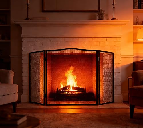 Kingson - Pantalla para chimenea de 3 paneles con arco, de hierro forjado negro, protector contra chispas, pantalla plegable de seguridad contra incendios con malla decorativa – 96,5 x 61 cm