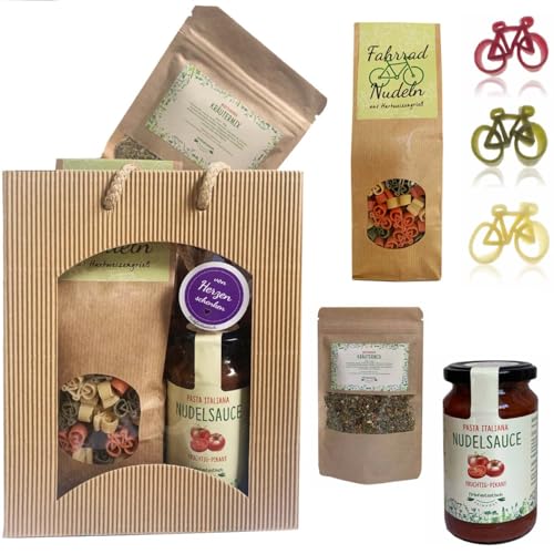 Feinkost Geschenk-Set Fahrrad – Nudeln in Fahrradform 225g, Pasta Sauce 200ml, Mediterrane Gewürze 35g & Fahrrad-Schlüsselanhänger – Originelles Geschenk für Radfahrer in Tragetasche