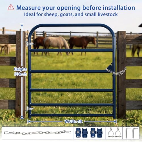 Image of Blue 6 Bar Utility Tube Gate 4 ft (W) x 50 in (H), Heavy-Duty Steel Farm Gate with Chain Latch, Animal-Safe Utility Livestock Gate for Horse, Cattle