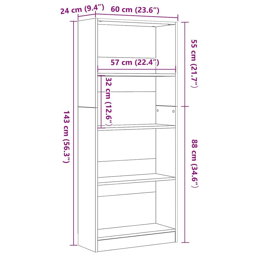 Bücherregal Schwarz Eichen-Optik aus Holzwerkstoff 60 x 24 x 143 cm mit Brettern für Wohnzimmer, freistehend, langlebig, praktisches Regal für Bücher und Deko, perfekt für Office oder Wand