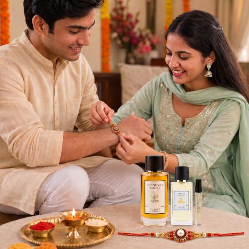 Image of PROUSTFRAGRANCES Hennessey Smoke 100ml Raksha Bandhan Fragrance Gift Set | Amalfi Coast EDP 50ml, 2 Rakhis & 1 Fragrance Tester included | Premium festive combo with smoky leather & fresh notes