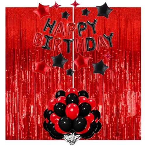 Image of Happy Birthday Banner 13pcs 16 Inch Mylar Foil Letters with 2 Pack Curtain Party Backdrop 32pcs Latex Balloon Birthday Party Decorations Party Decor Supplies for Kids and Adults (Black-red)