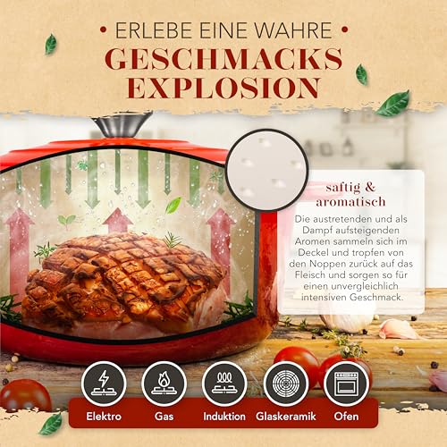Foto von KRUSTENZAUBER Gusseisen Topf [inkl. Fleischgabel] - 26cm Schmortopf backofengeeignet - Idealer Bräter mit Deckel Backofengeeignet, Kochtopf Induktion, Emaille, Bratentopf Cast Iron